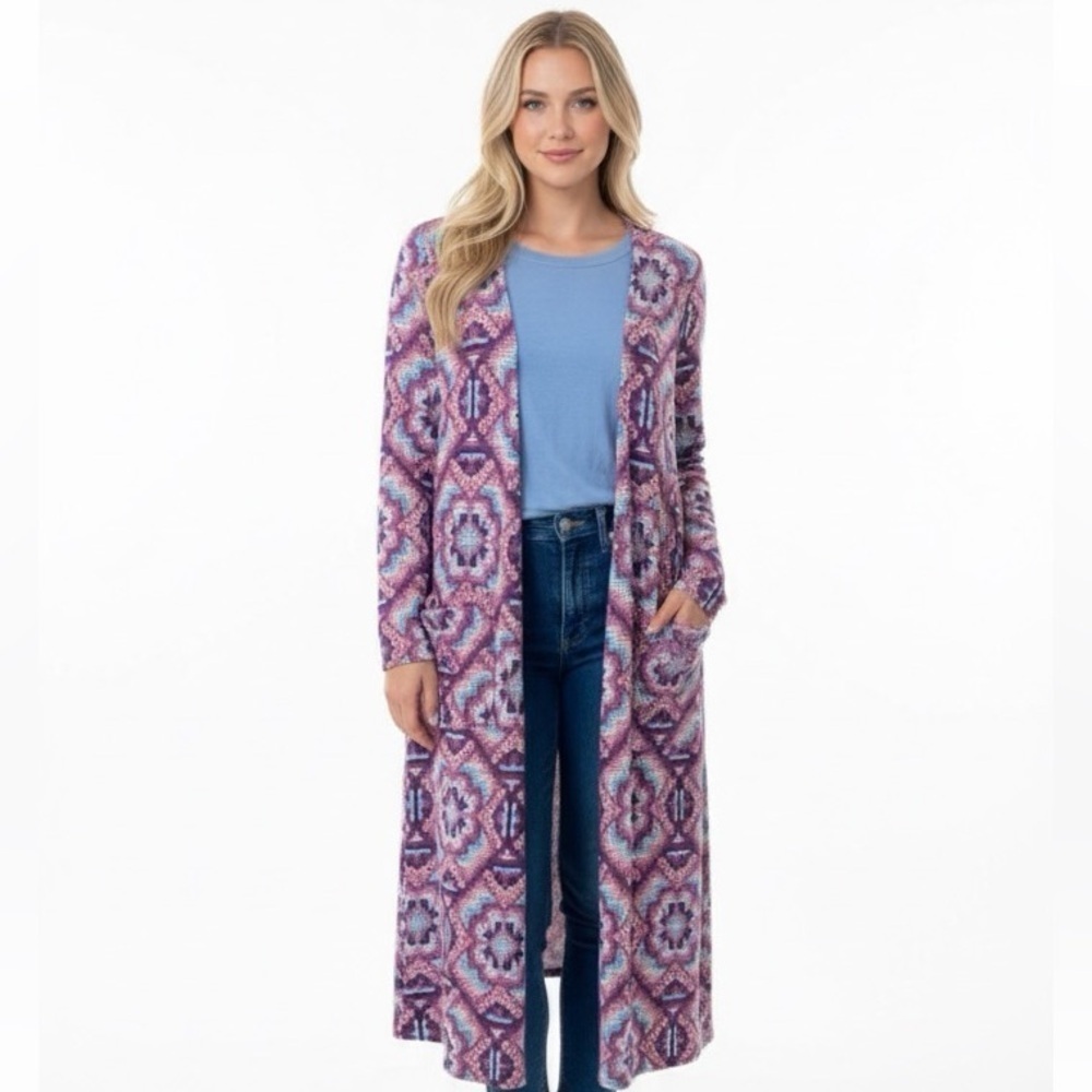 Lularoe print long duster cardigan with pockets size large